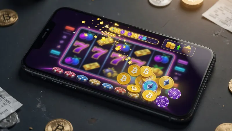 A smartphone displays a vibrant cryptocurrency-themed slot machine game with 777 symbols, bursting with golden coins, stars.