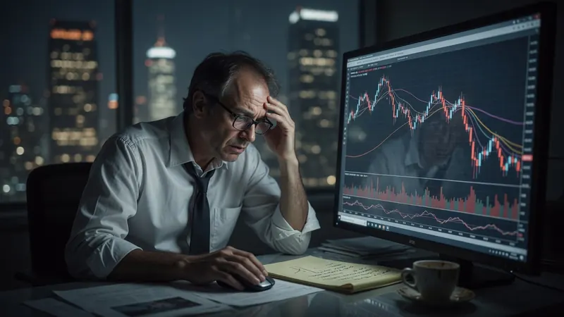 A middle-aged man in a white shirt and tie sits at a desk in a dark office, looking concerned at financial charts on a computer monitor.