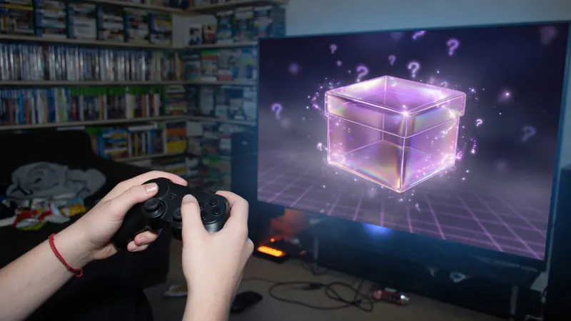 A person holds a game controller while viewing a glowing holographic cube surrounded by question marks on a large TV screen.