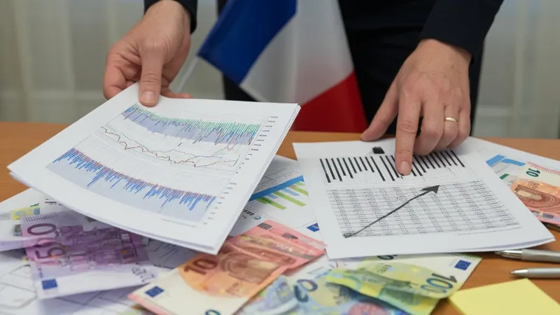 Person's hands holding financial documents with graphs and barcodes over a desk covered in Euro banknotes and charts.