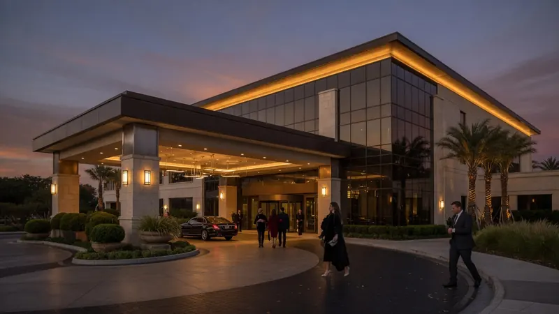 Elegant modern building entrance at dusk with people in formal attire walking on the curved driveway.