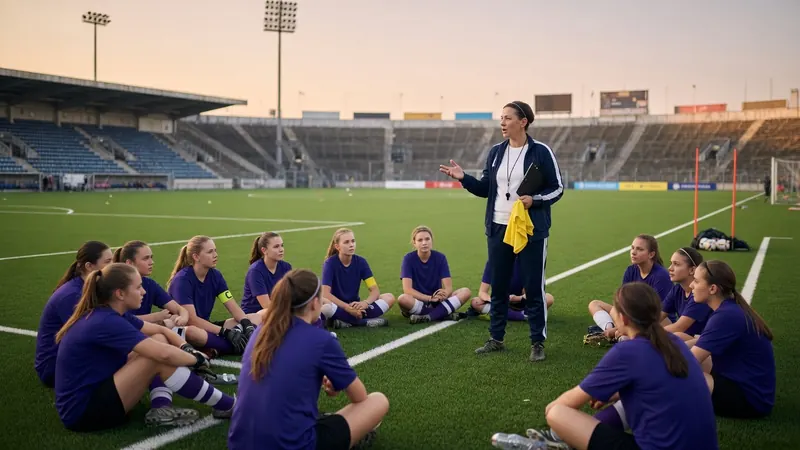 A female coach stands and gestures while addressing a group of young female soccer players seated on the field in a stadium at dusk.