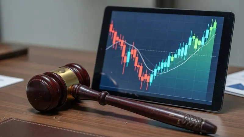 A wooden judge's gavel rests on a desk in front of a tablet displaying a colorful candlestick financial chart with an upward trend line.