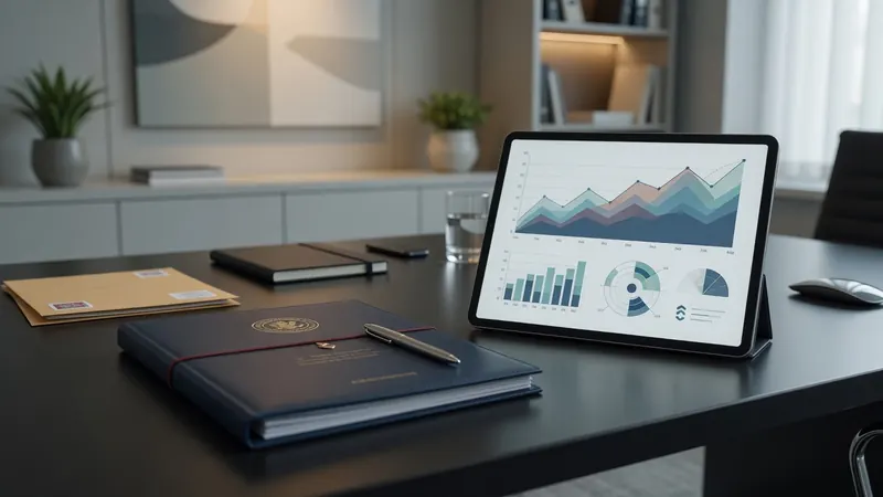 A modern office desk features a tablet displaying colorful charts and graphs, alongside a blue government portfolio with a pen, envelopes.